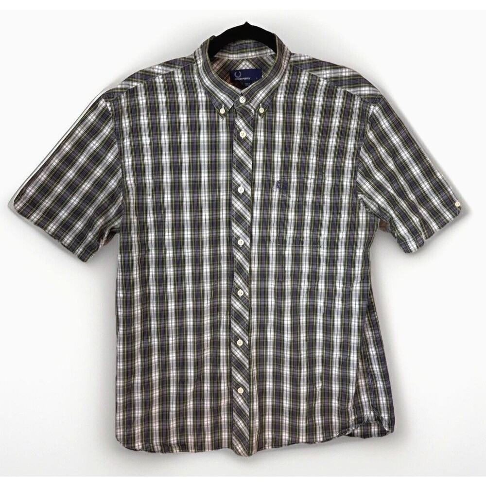 Fred Perry Shirt Men's Large Short Sleeved Green Purple Preppy 100% Cotton
